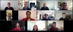Photo of 11 adults arranged in a grid on a computer screen. The arrangement of photos is in a grid of 3 rows, with 4, 4, and 3 images per row, respectively, from top to bottom. The image was taken during a Zoom video meeting of the Autschbach research group. Clicking the image will open a new browser window with a larger version of the same photo.